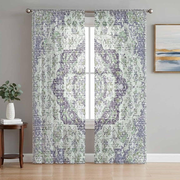 Sheer Curtains 72 Inches Long 2 Panels Set for Bedroom, Green Purple Boho Semi Sheer Curtains for Windows, Vintage Abstract Art Floral Ethnic Tribe Voile Window Treatments Rod Pocket Curtain