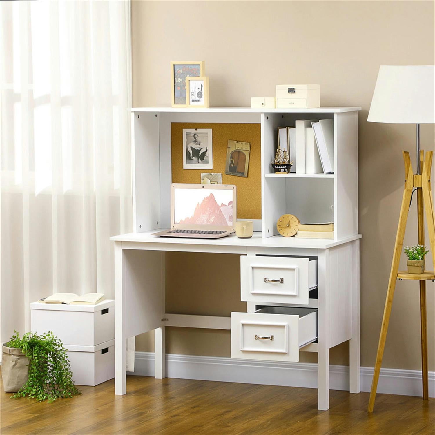 Demi Bonn Modern Office Desk with Cable Hole, Drawer and Storage Shelves, Home Computer Desk for Living Room, Office, Study Writing Table PC Desks, White