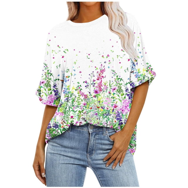 Pisexur Hauts d'Été pour Femmes Mode Décontractée Manches Courtes Col Rond T-Shirts Confortables Amples Surdimensionnés Imprimé Floral Blouses Hauts Mode T-Shirts Imprimés Graphiques Grande Taille Tops de Sortie P-5TG