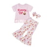 3Pcs Toddler Kids Girls Birthday Outfit Letter Print Tassel Short Sleeve T-Shirt +Cake Print Flared Pants + Headband Set 1-6Y