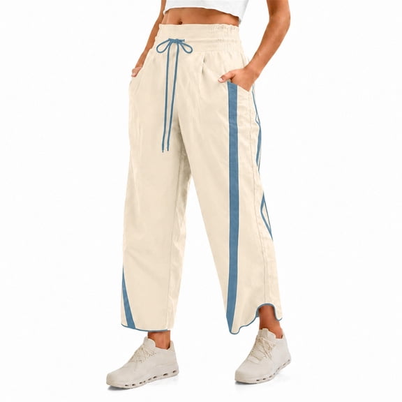 Carlikeit Women's Wide Leg Track Pants 2026 Lightweight Baggy Y2K Pants with Contrast Stripes Drawstring Elastic Waist Casual Parachute Trousers