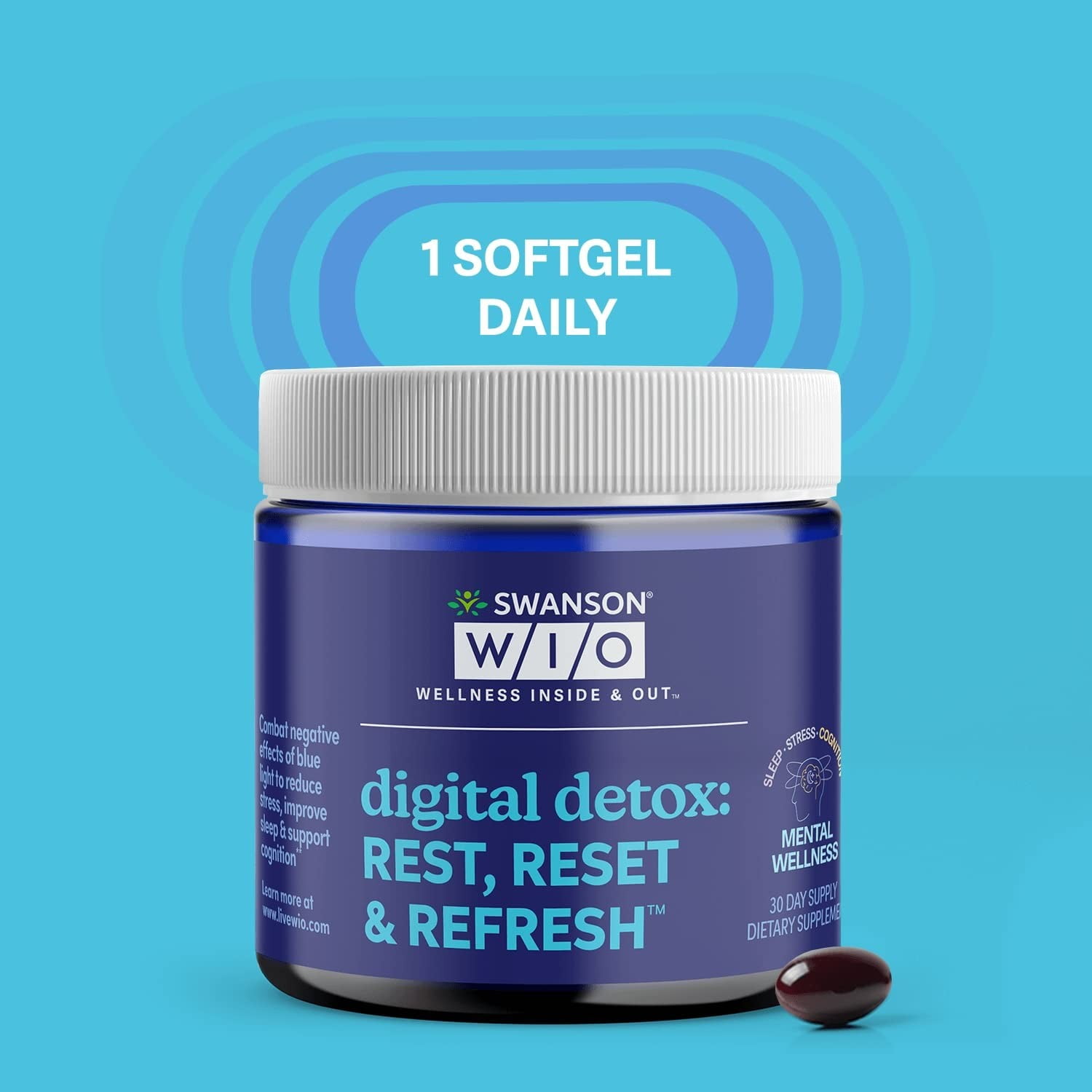 Swanson WIO digital detox: REST, RESET & REFRESH Sleep Better, Blue Light Defense, Mental Wellness, Less Stress, Lutein, Zeaxanthin, Lutemax® - 4 oz Bottle With 30 Softgels (30-Day Supply)