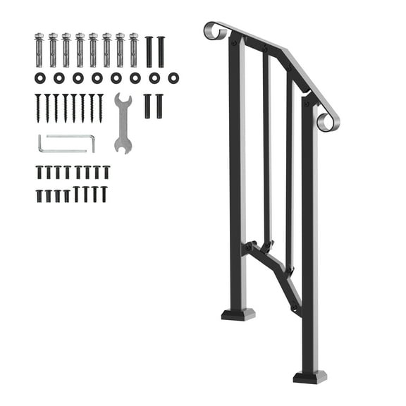 KFFKFF Outdoor Handrails for 1-2 Steps, Stair Hand Rail Kit with Installation Tools, Durable Carbon Steel Railings for Seniors, Ideal for Concrete Steps, Porch & Deck, Black Retro Arch Design