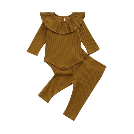 

Sunisery Infant Baby Girls Boys 2Pcs Clothes Sets Solid Color Ruffle Collar Long Sleeve Romper Tops Pants Brown 12-18 Months