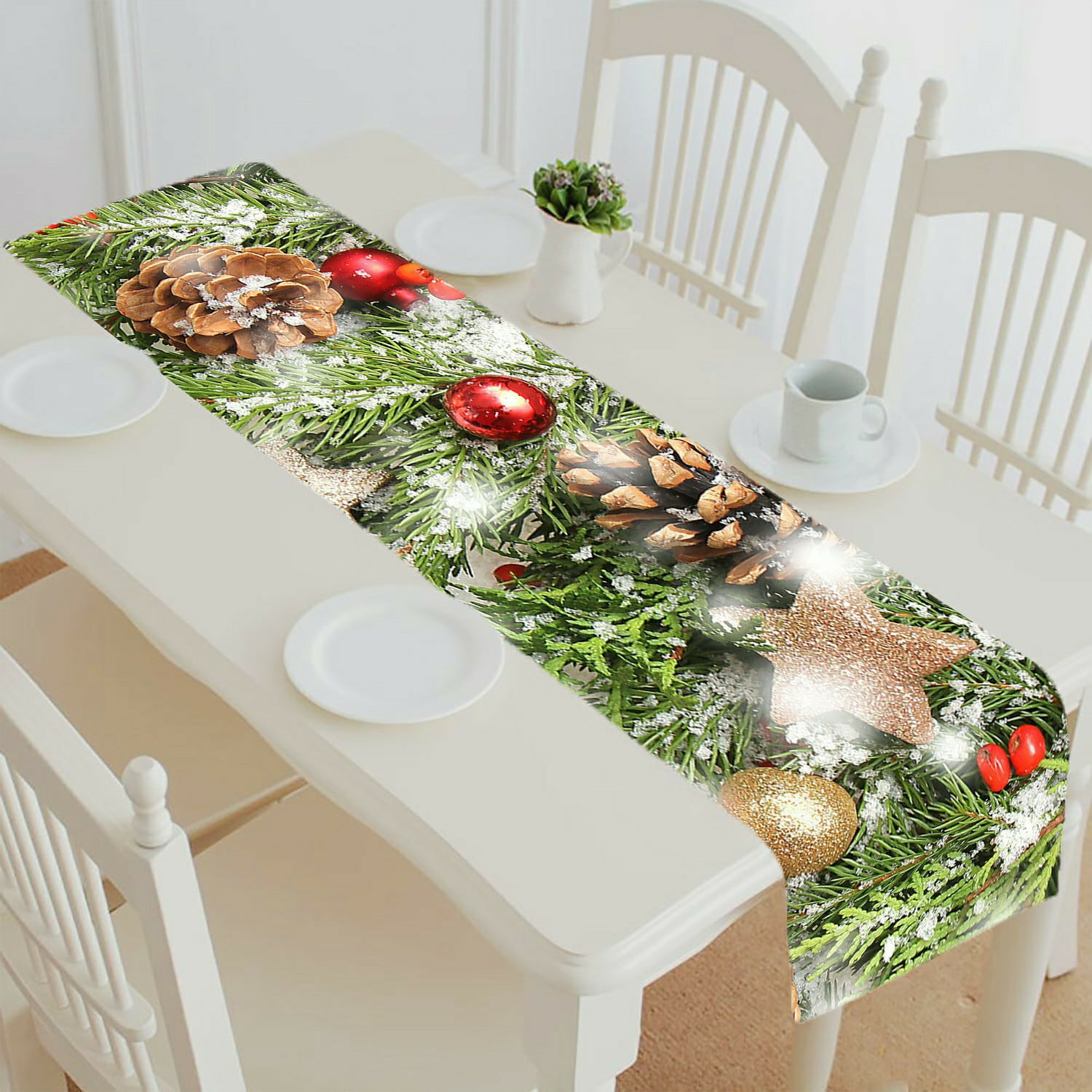 ECZJNT christmas winter snow pine cone holiday balls table runner table ...