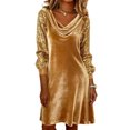 thumbnail image 2 of Women's Party Dress Sequin Dress Long Sleeve Sexy Fashion Casual Splicing Bodycon Midi Dress for Winter Holiday Party,Gold,L, 2 of 5