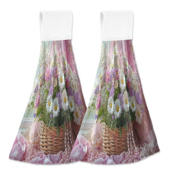 BZSMCE Hanging Hand Towels Fashion Basket_of Flowers and Butterflies Pattern 2-Pack - Velcro Style Bathroom Kitchen Towels