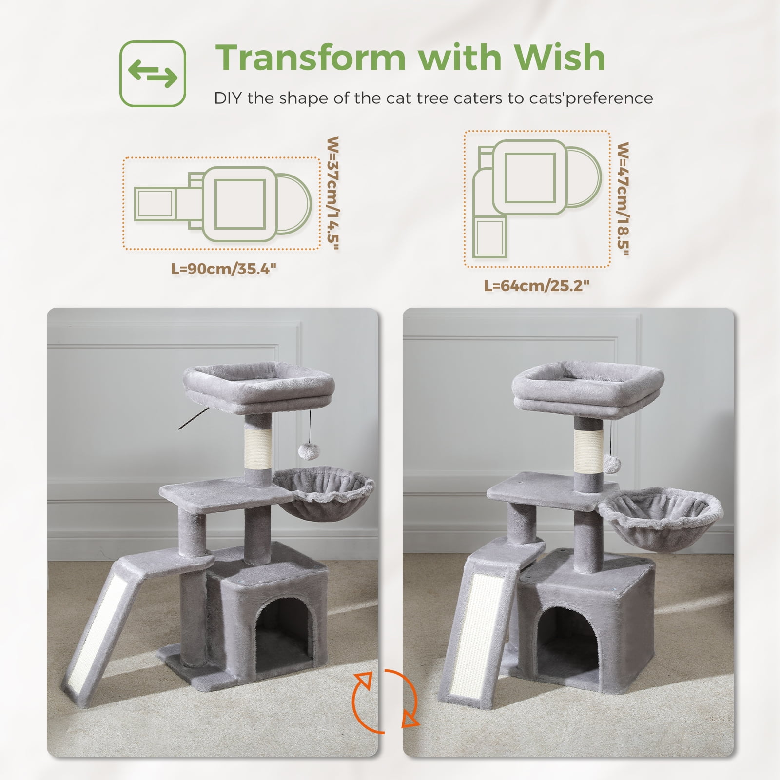 Pefilos 32" Cat Tree Tower, Cute Cat Condo with Sisal Scratching Ramp, Cozy Hammock and Removable Top Bed Perch for Indoor Kittens, Gray