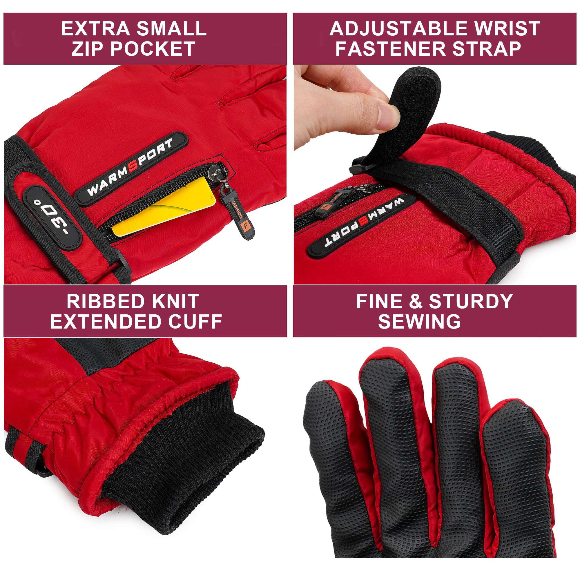 Gustave Winter Ski Snow Gloves for Women Men Waterproof Touchscreen Snowboard Gloves Cold Weather Warm Thermal Fleece Lined Gloves with Pocket for Running Driving Cycling - Black