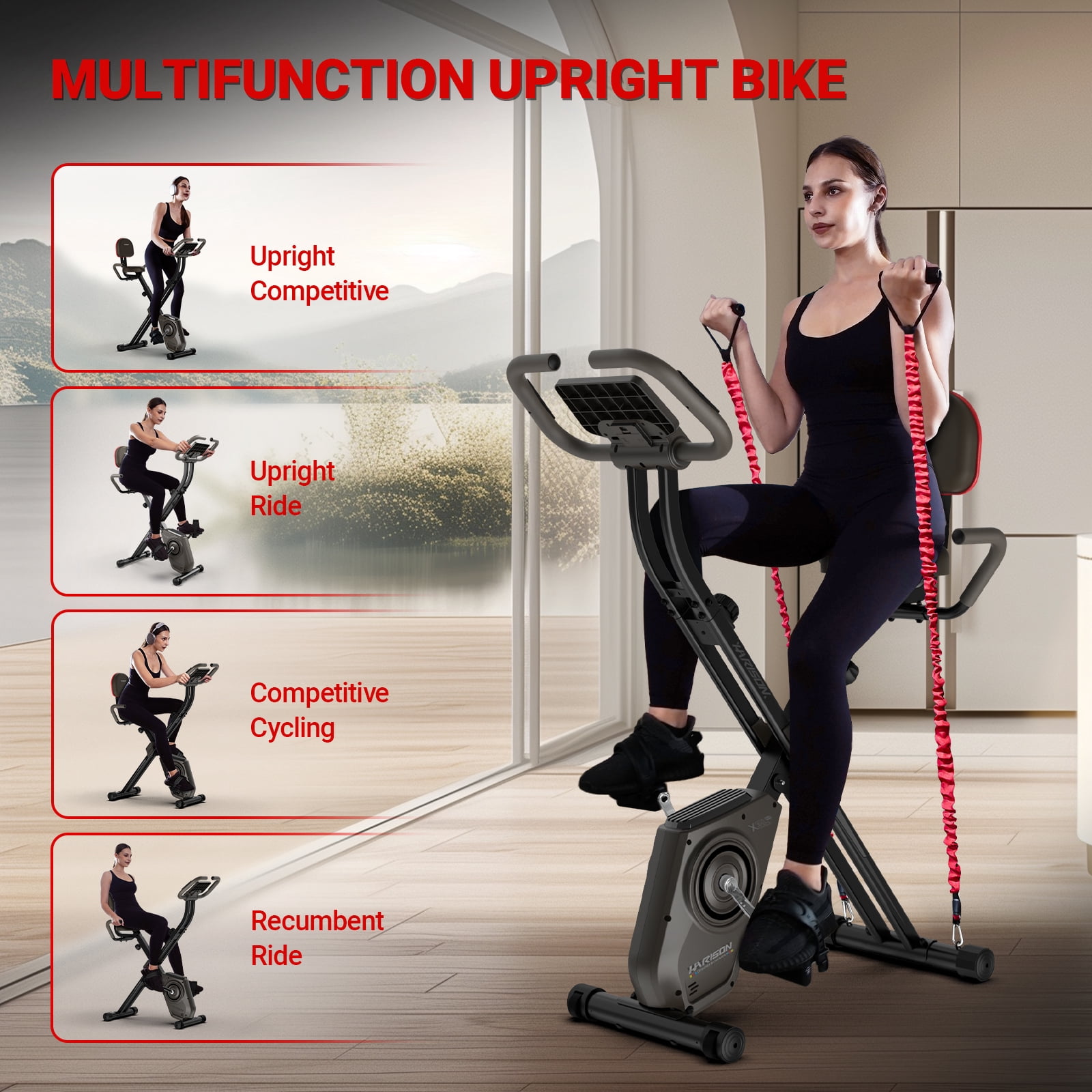 HARISON Folding Exercise Bike 350 LBS Capacity, Stationary Exercise Bike for Home with 16-Level Resistance and Arm Resistance Bands, Magnetic X-Bike with LCD Monitor