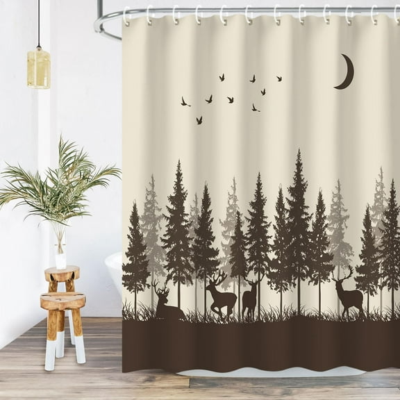 Deer Shower Curtain, Rustic Shower Curtain for Bathroom, Cabin Wildlife Woodland Hunting Shower Curtain Sets, Forest Moose Pattern on Brown Bathroom Curtain with 12 Hooks, 72Wx72H