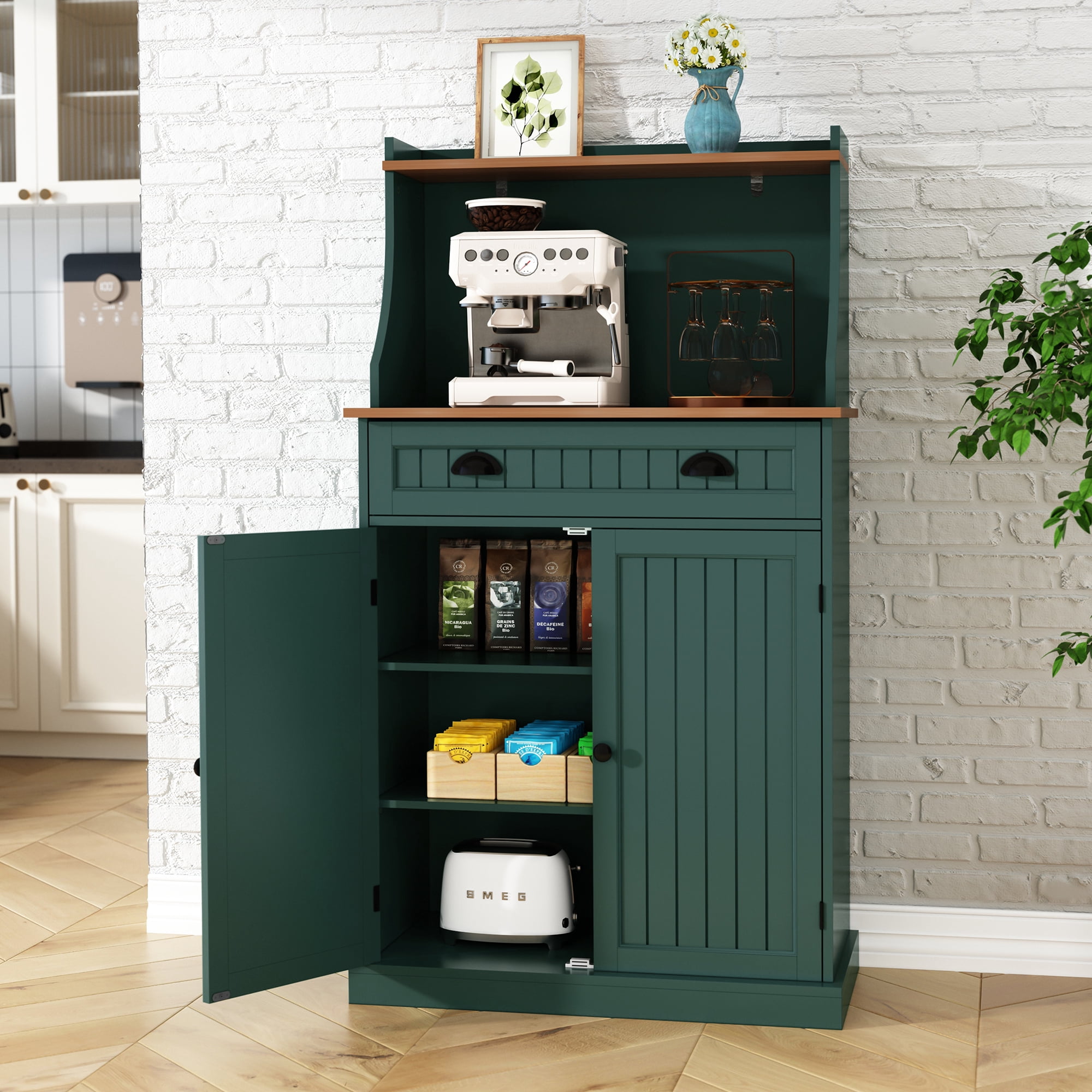 CBJCBJ 54" Kitchen Pantry Cabinet with Door & Shelves, Sideboard Buffet Cabinet with Microwave Stand for Dining Room,Green