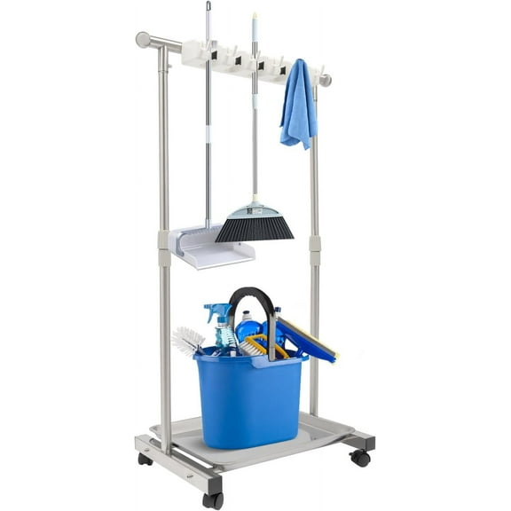 Wet Mops Rack Movable Broom Holder, Movable Closet Storage Cabinet Mop Rack with 5 Slots 6-Hook, Floor Standing Cleaning Tool Racks for Garden Garage Schools Hotels Hospitals Property Companies