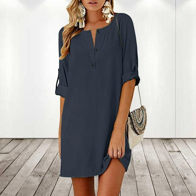 Pisexur Robe à Manches Courtes à Col Rond Longueur Genou Mode Femme Été Décontractée Couleur Unie Robe à Manches Mi-Longues à Col Rond à Boutons Robe Femme