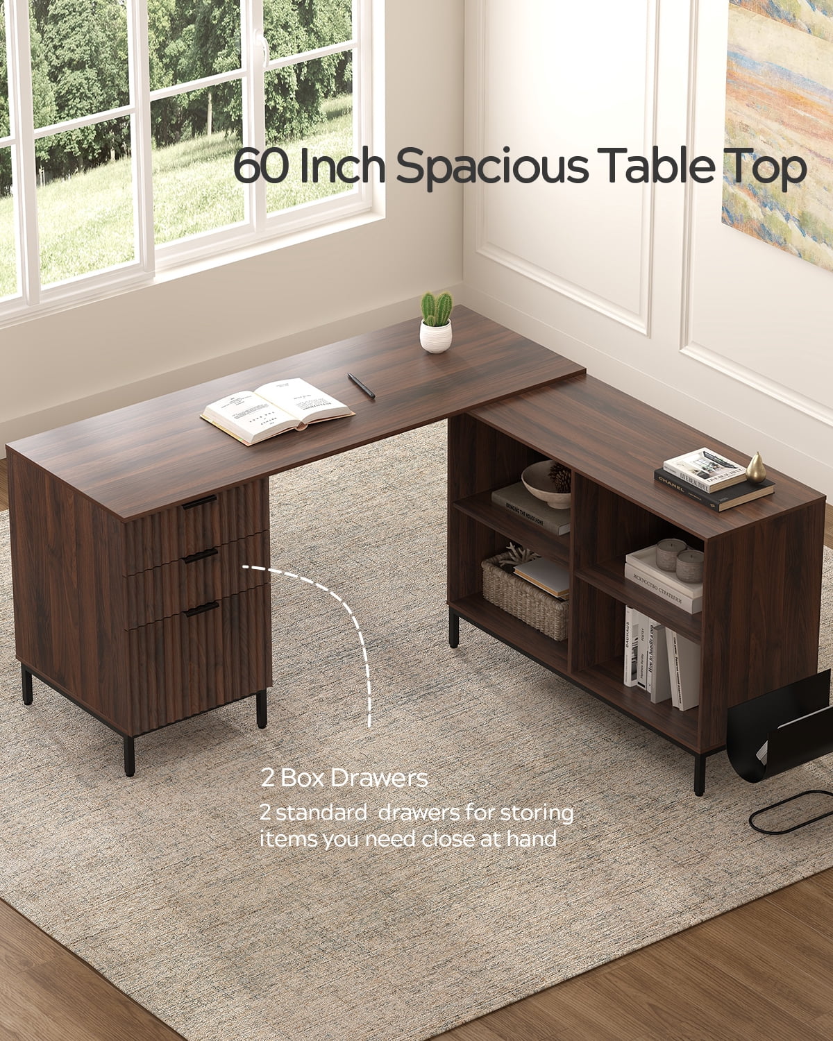 EYYTHUNG 60" Fluted Executive Desk with Storage Cabinet, Modern Home Office Desk with File Drawer, L Shaped Writing Desk Brown
