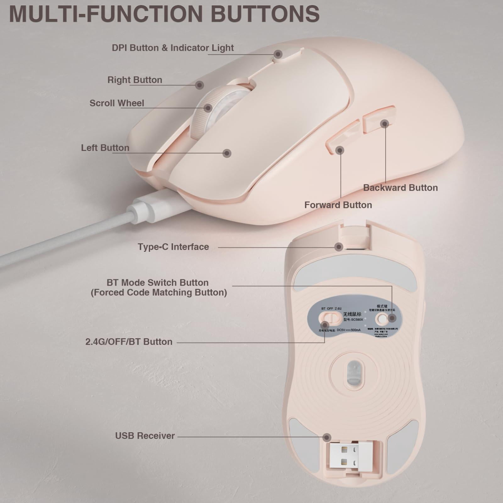 Sc580x Wireless Gaming Mouse  Tri-mode 2.4g/bt5.0/usb-c Mice With 12000 Dpi 6 Buttons Rechargeable Computer For Laptop/pc/mac/tablet