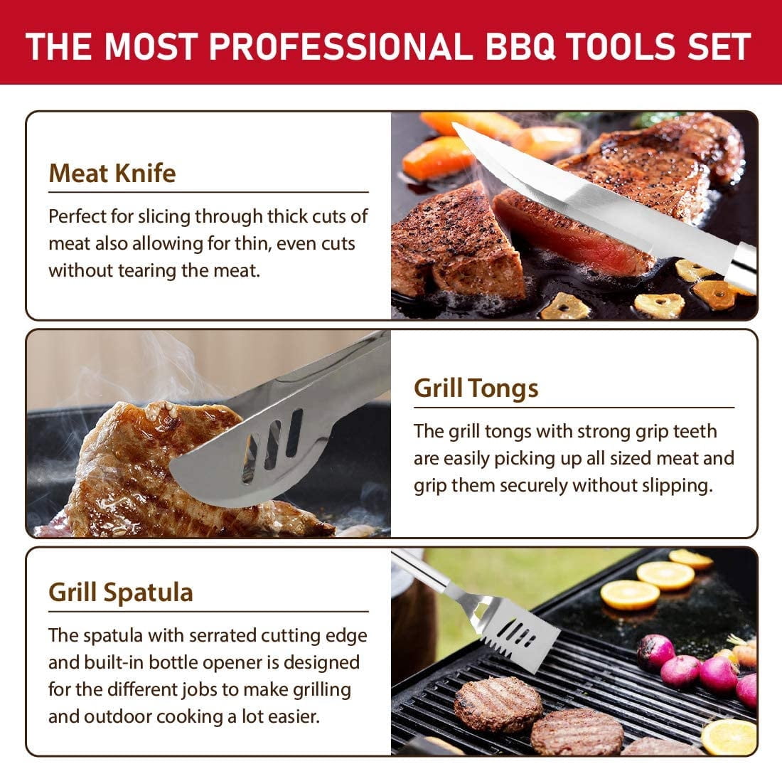 41Pcs BBQ Grill Tool Set with Storage Bag Extra Thick Stainless Steel Spatula Fork & Tongs