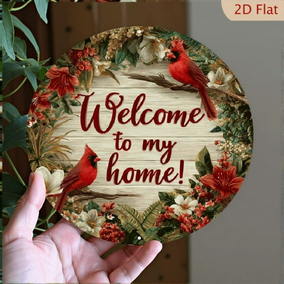 Rustic Welcome to My Home Cardinal Wall Sign - 8x8 Inch Round Aluminum Decor with Vibrant Red Cardinals Floral Wreath, Durable Entryway, Porch, and Garden Decoration, Outdoor Decor