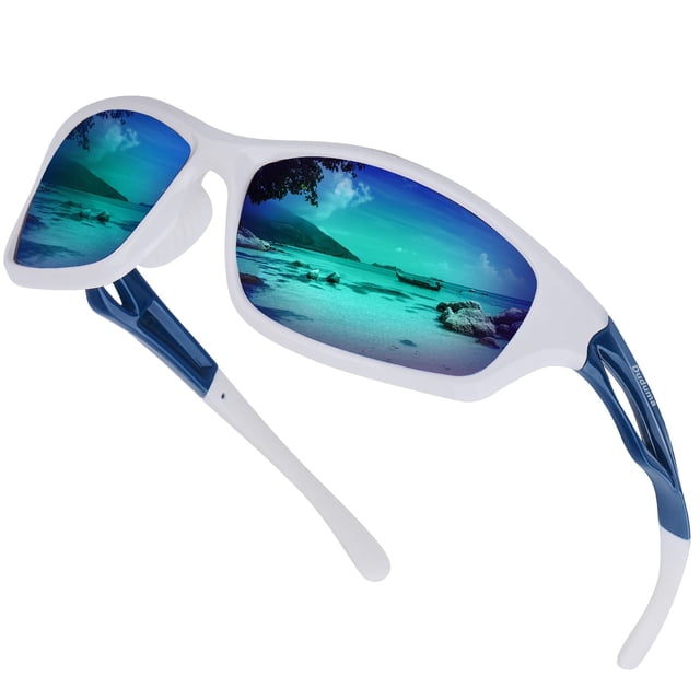 duduma gafas de sol deportivas polarizadas para hombres y mujeres, para correr, ciclismo, pesca, golf, conducir, gafas de sol tr90 — Vista 3/4 de montura blanca con patillas azules y lentes polarizadas azul verdoso; diseño de borde completo envolvente y marco de policarbonato liviano. Especificado con lentes TAC de 7 capas y protección UV400, adecuado para correr y ciclismo al aire libre, y a menudo usado para actividades de pesca o conducción.