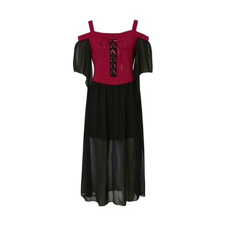 

SHIBAOZI Womens Goth Witch Halloween Dress Plus Size Off Shoulder Tie Front Lace Fly Sleeve One-Piece Long Dresses