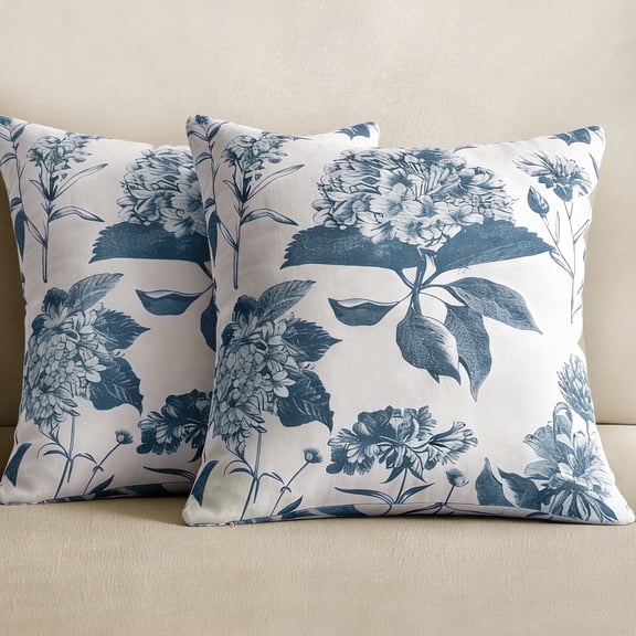 COOKCOK Set of 2 Vintage Floral Throw Pillow Covers, 20" x 20" Neutral Block Print Decorative Cushion Covers, Double-Sided Boho Farmhouse Decor for Sofa Couch Bed, Blue