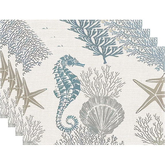 Coastal Seahorse Coral Placemats Set of 4, 12x18 Inch Starfish Ocean Beach Table Place Mats for Kitchen Dining Home Party Decor