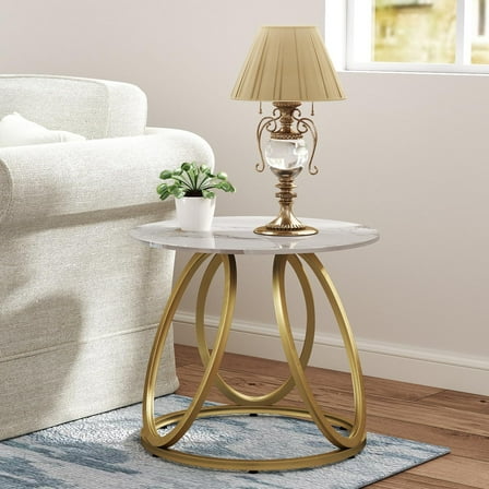 Round Side Table for Living Room, Gold End Table with Marbling Natural Stone, Nightstand for Bedroom