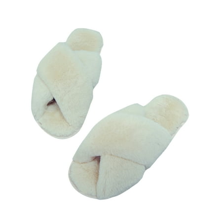 

UKAP Women s Non-slip Fluffy Slides Bedroom Fashion House Shoe Open Toe Beige 5.5-6