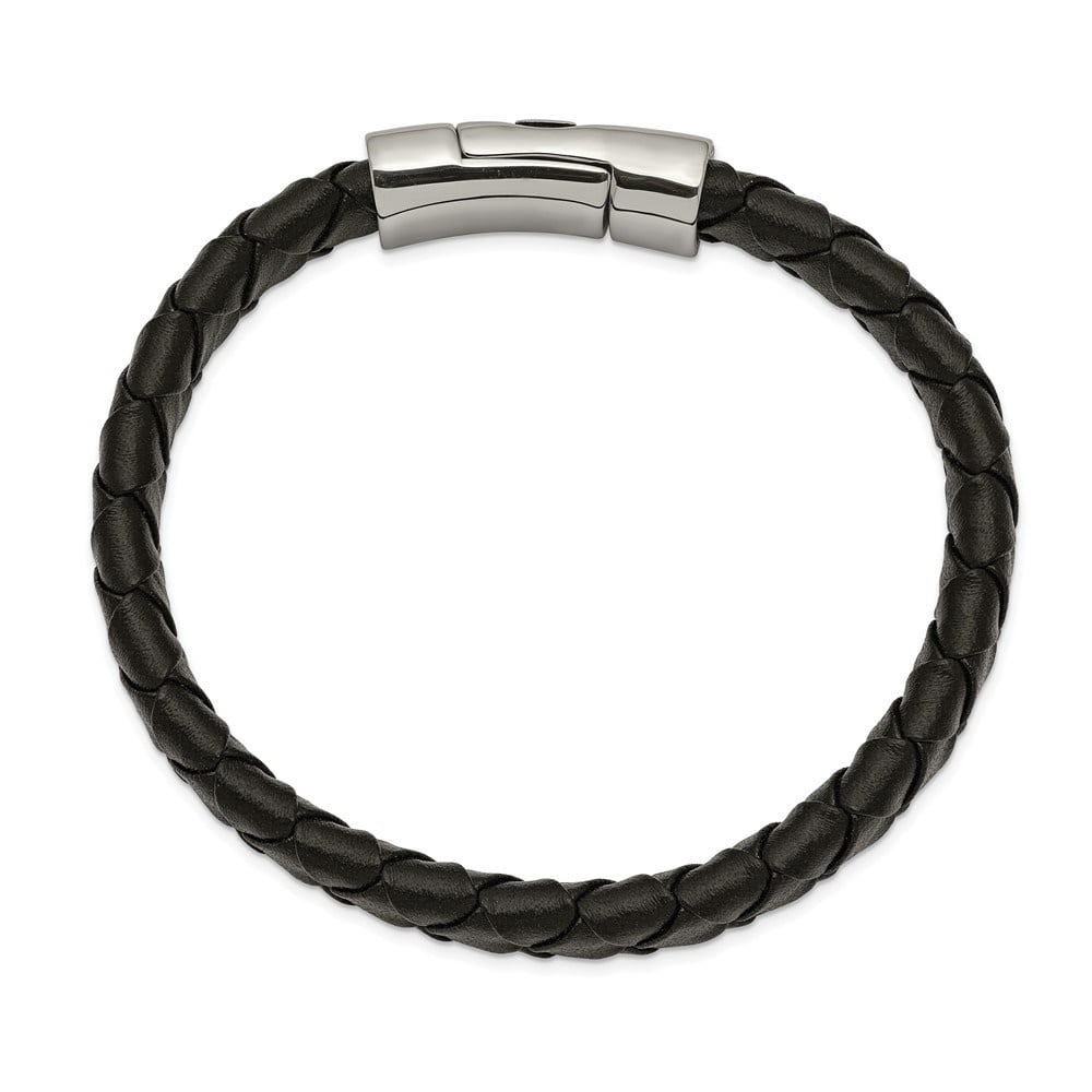 Diamond2Deal Stainless Steel Antiqued and Polished Cross Black Leather Bracelet for Men 8.5"