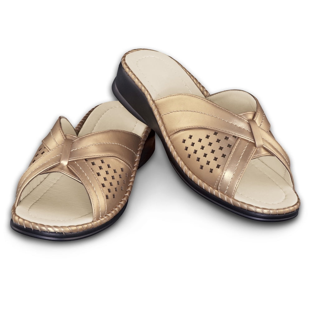 Collections Etc. - Criss Cross Slip-On Low Wedge Sandals with Padded Insoles, Gold, 7 - Walmart 