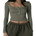 thumbnail image 1 of Women Square Neck Slim Shirt Long Sleeve Button Front Crop Tops Fitted Ribbed Low Cut Layering Tight Basic Tee Black M, 1 of 3