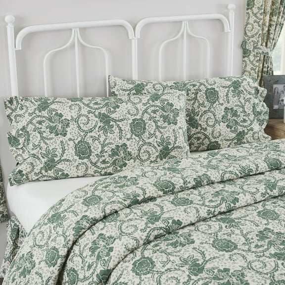 VHC Brands Dorset, Farmhouse Ruffled Pillow Cases, King Size, Floral, Green, 21x36, Set of 2