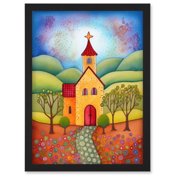Countryside Chapel Spring Landscape Folk Art Watercolour Painting Artwork Framed Wall Art Print A4