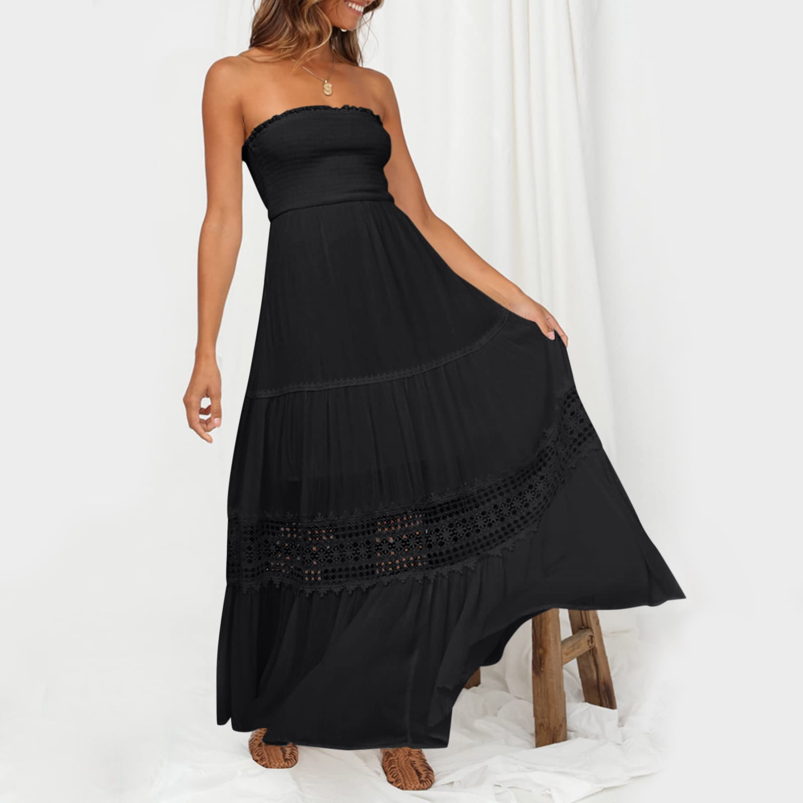 Womens Dresses Casual Summer Bohemian Strapless Off Shoulder Lace Trim Backless Flowy A Line Beach Long Maxi Dress