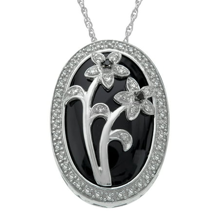 Natural Onyx & 1/5 ct Diamond Flower Pendant Necklace in Sterling Silver