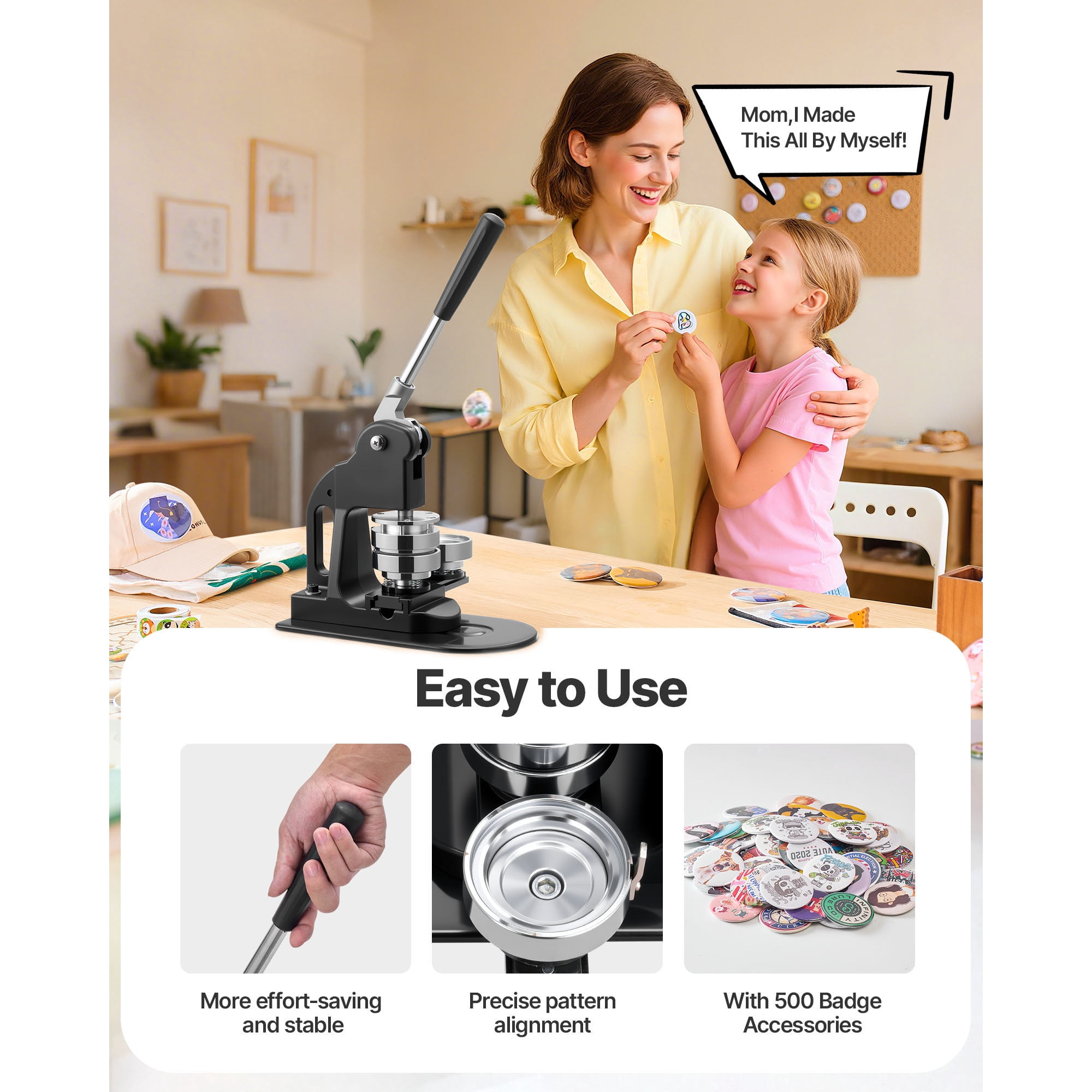 KFFKFF Button Maker Machine, 2.25 in, Badge Maker with 500pcs Button Supplies, Circle Cutter, Hex Tools, and Instruction Manual, Comfortable Grip, Ideal for Custom Badges, Pins, and Keychains, Black