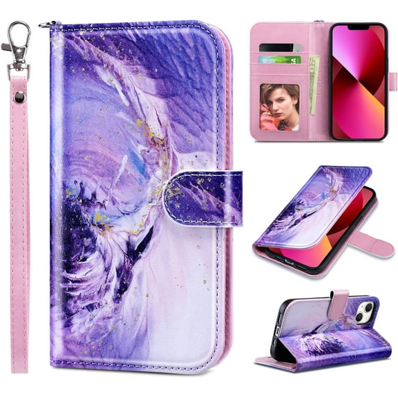 ULAK Wallet Case for iPhone 14 for Women Girls, Kickstand 14 Phone Case with Card Holder for Apple iPhone 14 6.1 inch 2022, Purple Marble