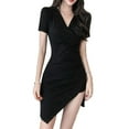 thumbnail image 1 of Vestido con cuello en V Moda Slim Bodycon Manga corta Color sólido para mujer Vacaciones de verano Fiesta de trabajo Negro XL, 1 of 8