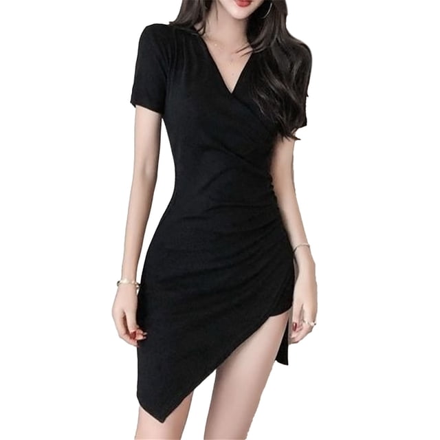 Vestido con cuello en V Moda Slim Bodycon Manga corta Color sólido para mujer Vacaciones de verano Fiesta de trabajo Negro XL