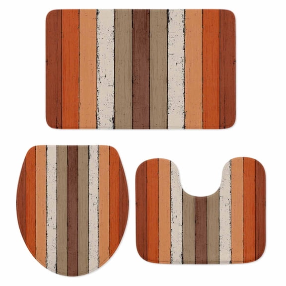 Brown Orange Striped Bathroom Rugs Set Modern Vintage Wood Texture Rectangle Non Slip Absorbent Soft Bath Mats 3 Piece Set with Bathroom Rug, U-Shaped Floor Mat, Toilet Seat Cover Large Size
