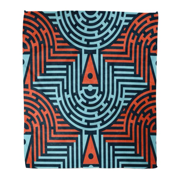 SIDONKU Flannel Throw Blanket Abstract Maze Pattern in Blue and Red Colors Mix Soft for Bed Sofa and Couch 58x80 Inches