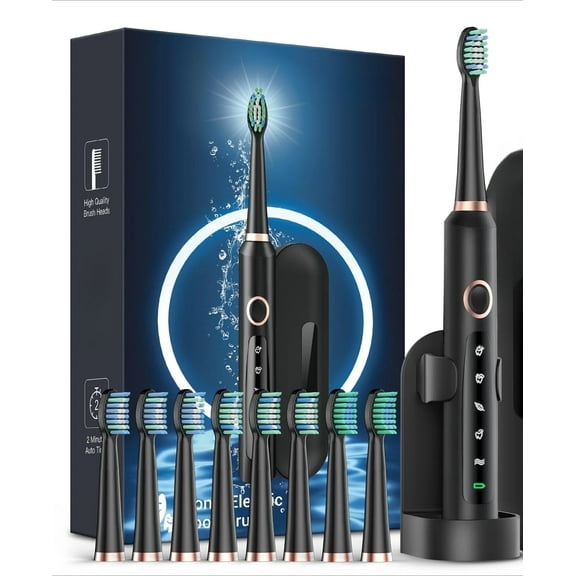 Abil Brand 120-Day Rechargeable Electric Toothbrush 8Brush Heads,TravelCase &Charging Stand (Matte Black)