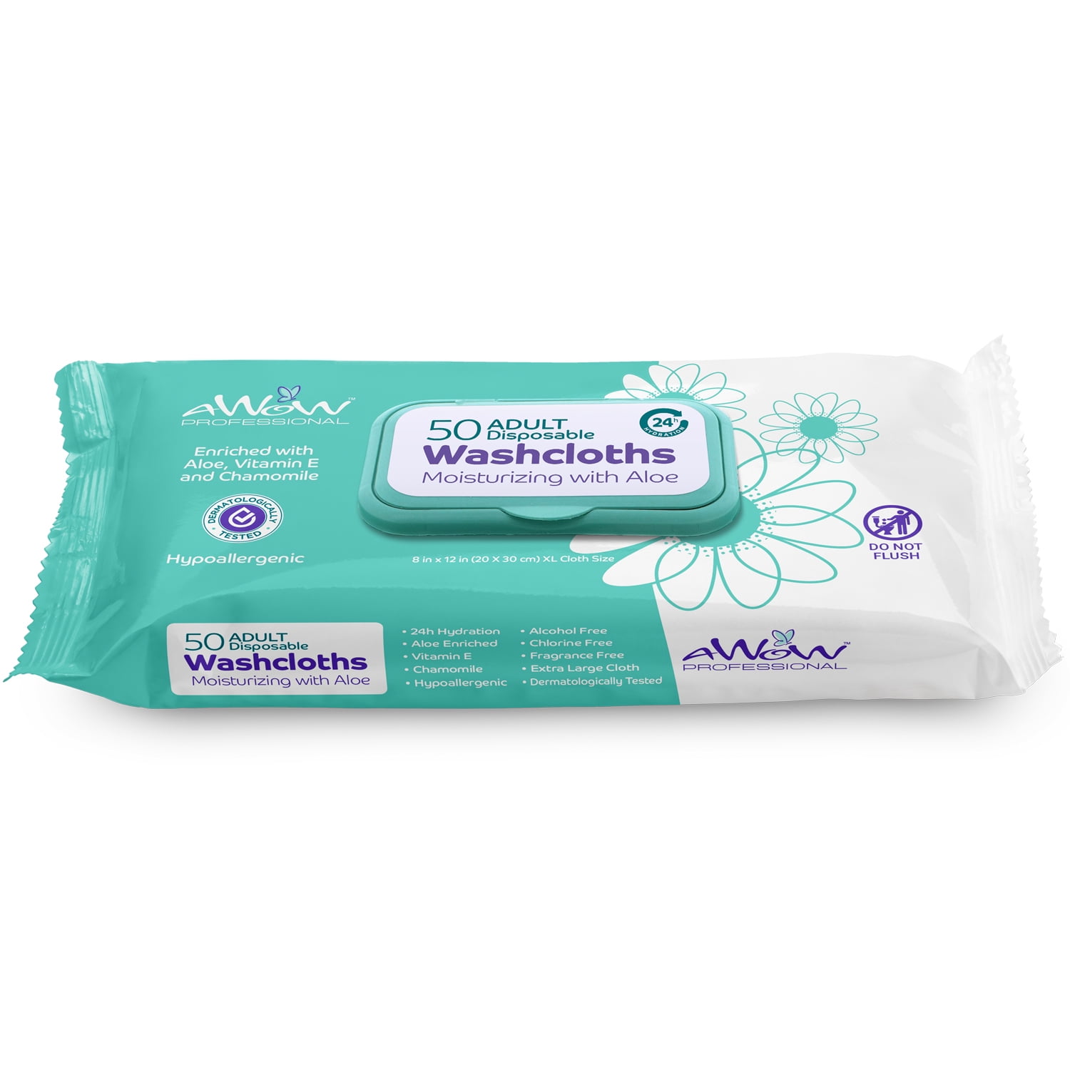 AWOW Professional Adult Wipes for Incontinence & Cleansing, Large Disposable Washcloths, Aloe & Vitamin E, Unscented, 50 Count (12 Packs, 600 Wipes Total)