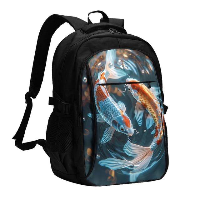 Balery Cute Koi Fish Serenity Mochila con carga USB para hombre y mujer - Mochila impermeable y antirrobo para laptop con puerto USB para viajes, trabajo