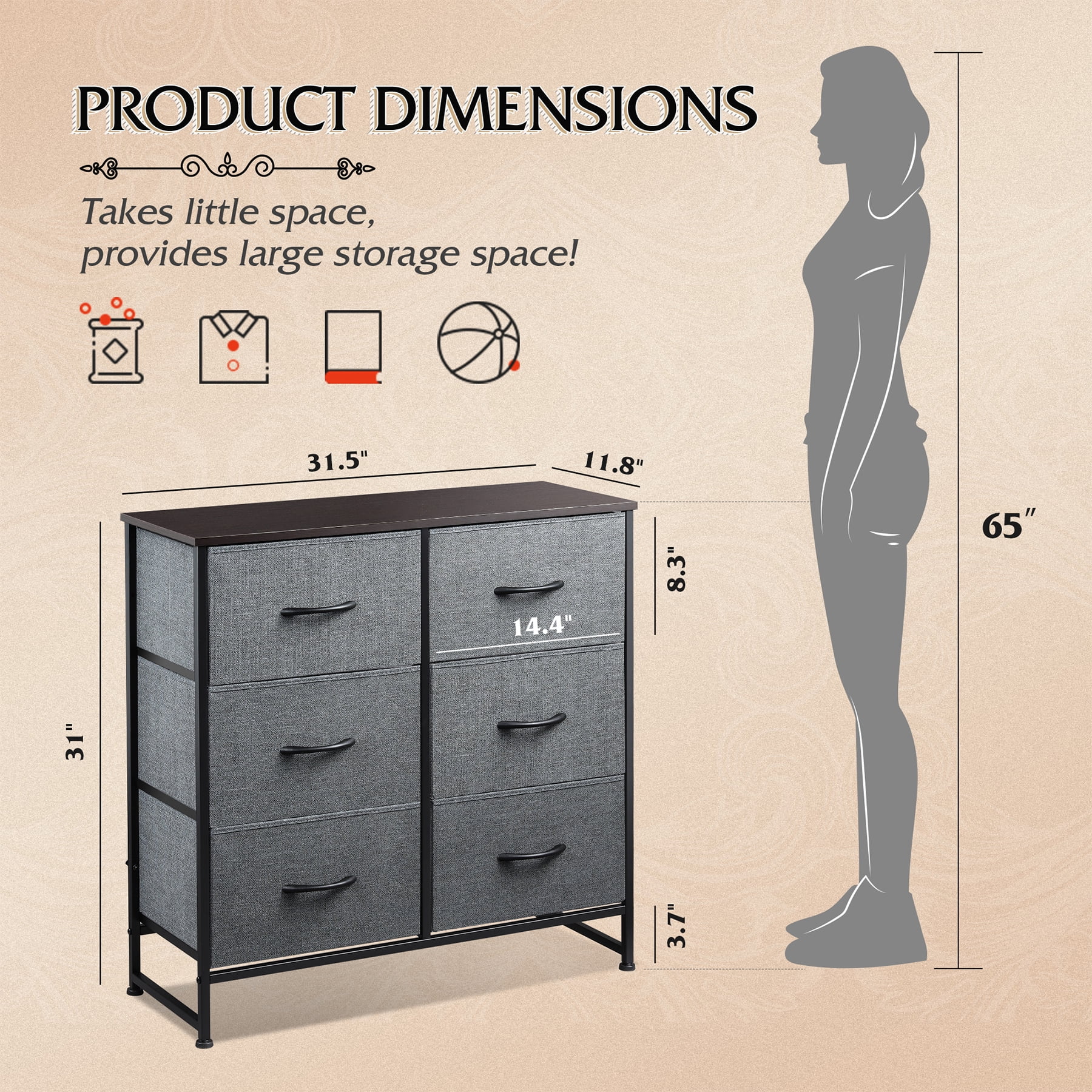GALAXHERO 6 Drawer Fabric Dresser, Double Dresser with Storage Bins, Chest of Drawers for Bedroom, Living Room, Closet, Hallway, Dark Grey