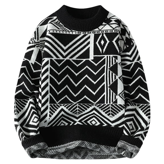 Men's Geometric Graphic Sweaters Crewneck Soft Knit Pullover Long Sleeve Crewneck Sweatshirts Loose Fit Jumper Tops (3XL, Black-1)