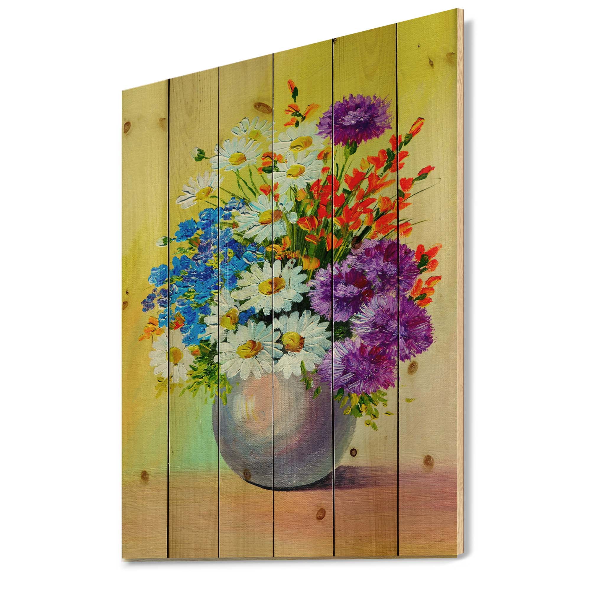Designart 'Still Life A Bouquet Of Red Blue & White Flowers' Traditional Print on Natural Pine Wood