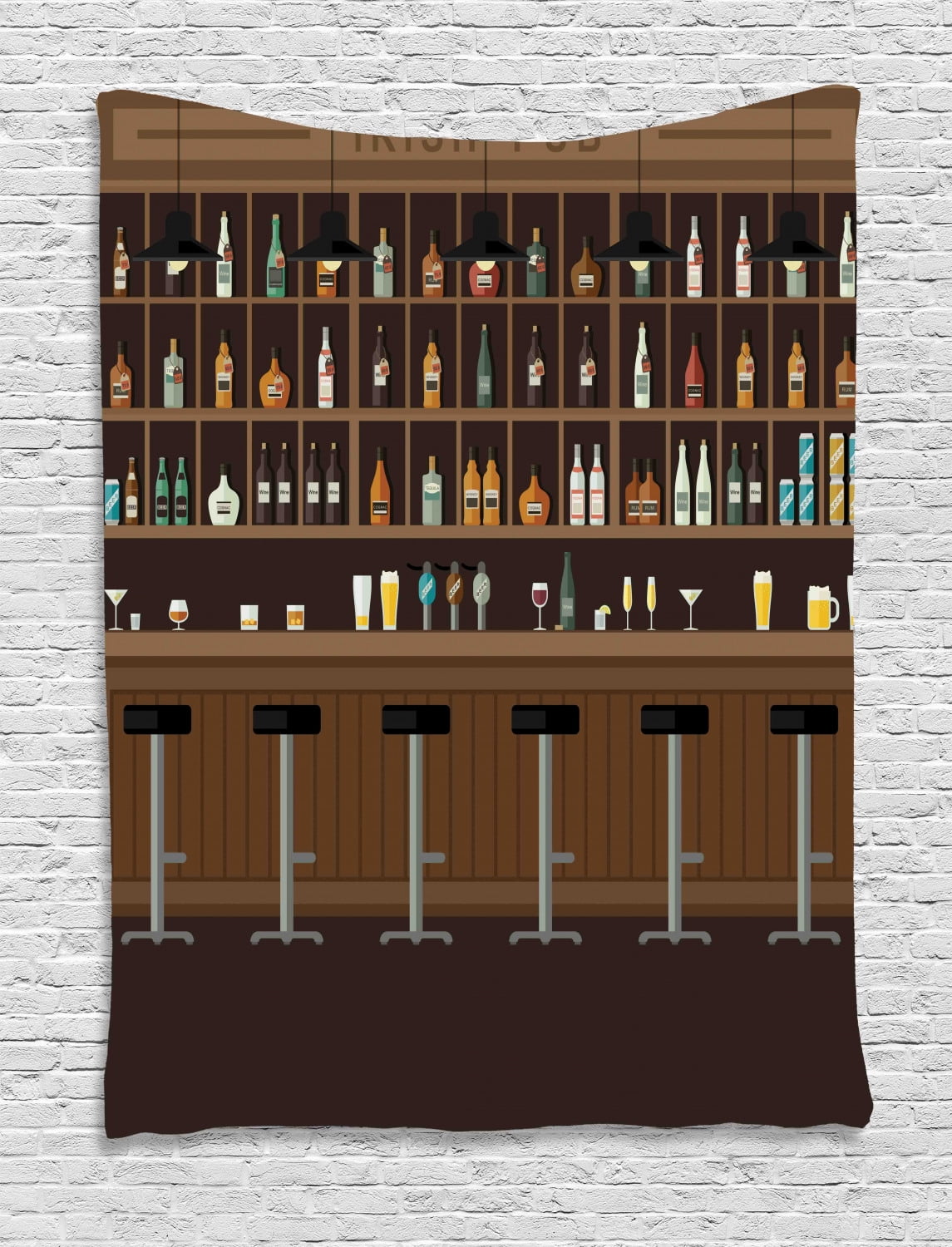 Irish Pub Tapestry, Cartoon Illustration of Bar Restaurant with Stools