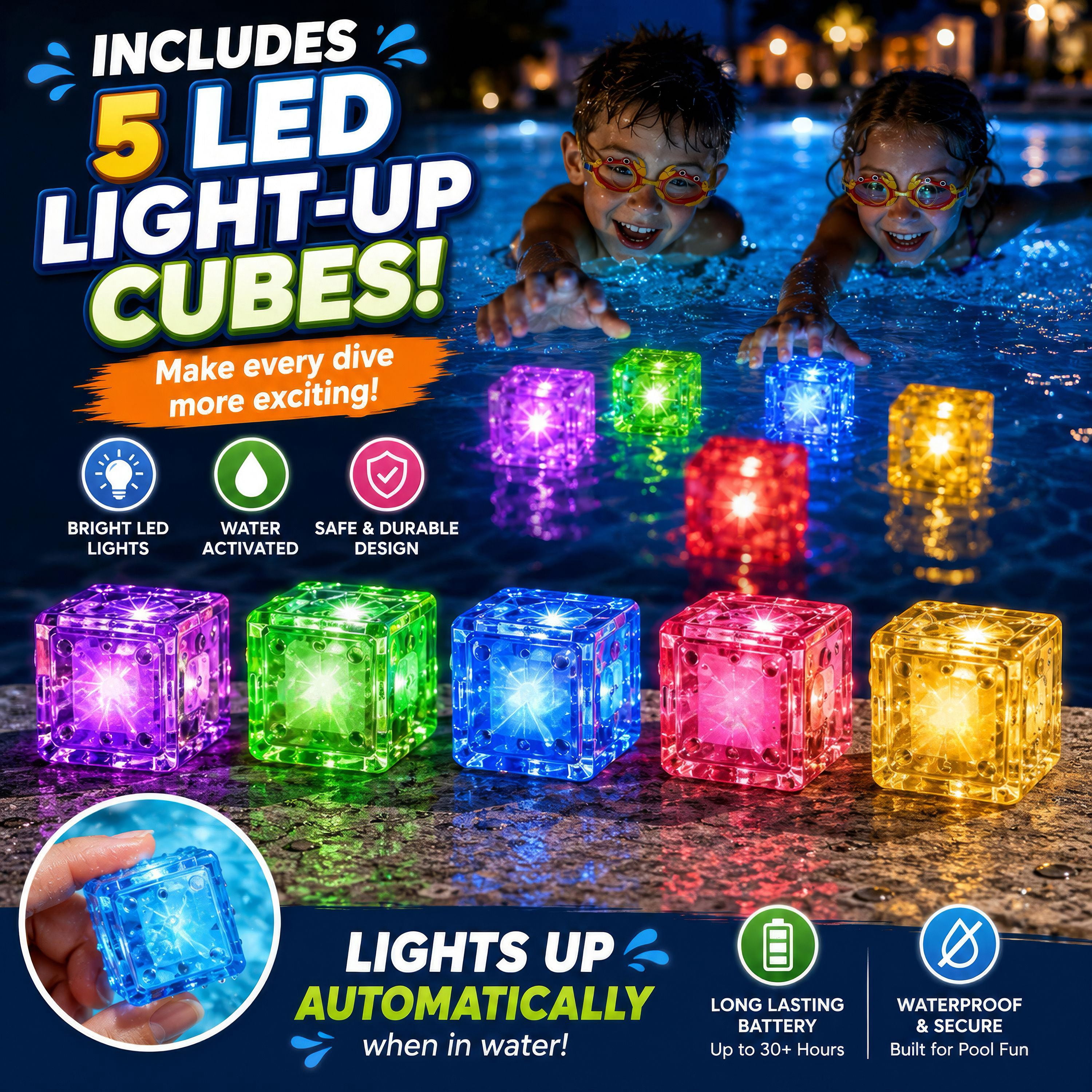35 Pcs Glow Pool Diving Toys w/ LED Cubes & Goggles – Fun Summer Swim Learning for Kids