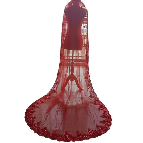 Elegant Red Cathedral Wedding Veil with Sequins - 1.5m Wide Soft Tulle Bridal Veil with Metal Comb